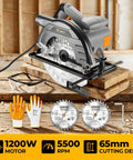 Pro Grade 7 1/4 Inch Circular Saw With A Powerhouse Motor That Slices Through Hardwood Lightweight Portable Design Working Like A Charm For Stress Free Heavy Duty Woodworking On Every Site with accessories on wooden surface.