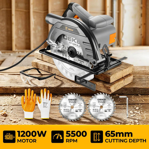 Pro Grade 7 1/4 Inch Circular Saw With A Powerhouse Motor That Slices Through Hardwood Lightweight Portable Design Working Like A Charm For Stress Free Heavy Duty Woodworking On Every Site with accessories on wooden surface.