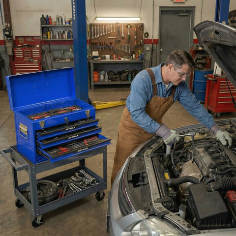 Mechanic using Built Tough 20 Inch Steel Toolbox With Four Drawers in garage with open car hood