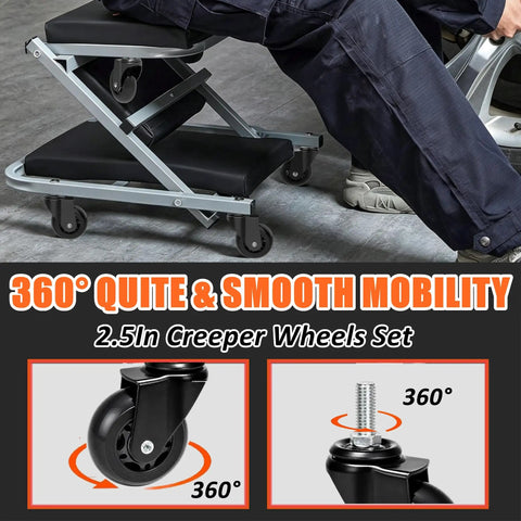 Heavy Duty 6 Pack Creeper Replacement Wheels 2.5 Inch Smooth Rolling Rubber Casters With M10 X 1 Stem on mechanic stool.