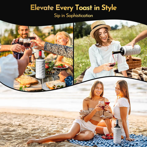 Double Wall Vacuum Insulated Wine Bottle Chiller Keeps Your Sip Dead Froze For Six Hours Skip The Ice Water Drama Sleek Stainless Steel Vessel near friends toasting and enjoying wine on a picnic.