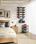 Heavy Duty Five Tier Skateboard Rack Wall Mount With Ten Coated Clips For Helmets Plus Gear in stylish bedroom setting.