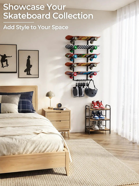 Heavy Duty Five Tier Skateboard Rack Wall Mount With Ten Coated Clips For Helmets Plus Gear in stylish bedroom setting.