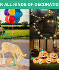 Collage of different decoration setups with balloons, string lights, lit deer figure, and illuminated pumpkins for festive display ideas.