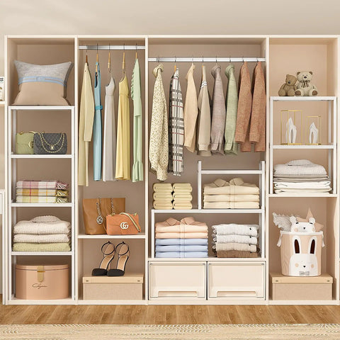 3 Pack Expandable Metal Closet Organizer Shelves Adjustable Stackable Wardrobe Storage Cubes For Clothes Shoes Pantry, neatly organized.