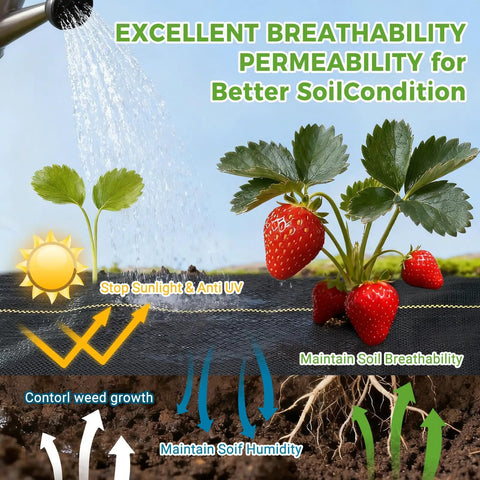 Six Foot By Three Hundred Foot Premium Weed Barrier Landscape Fabric 3.5oz Heavy Duty Garden Ground Cloth With Superior Permeability Weed Control Includes Ninety Staples For Fast No Frills Setup with strawberries and water illustration