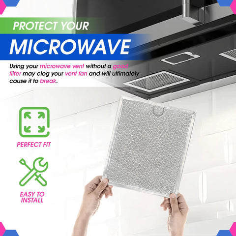 Person installing Over The Range Microwave Vent Filter Replacement 9 X 7.72 Inch Aluminum Mesh Grease Screen Hood Vent Filter 2 Pack.