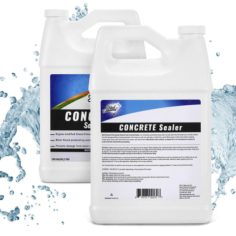Penetrating Concrete Sealer for driveways, patios, pavers, brick, grout, and masonry in white gallon containers with splashing water