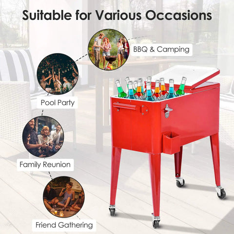 Red 80 Quart Rolling Cooler Ice Chest With Wheels And Bottle Opener, Party Ready for Outdoor Parties, Camping, Picnics, Beach, BBQ or Patio
