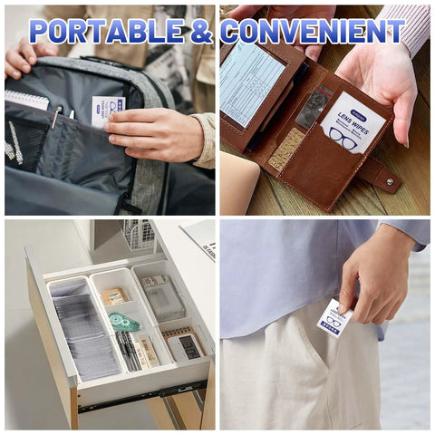 Collage showing Pre Moistened Lens Wipes For Glasses And Screens 220 Individually Wrapped Eyewear Cleaners in various storage options