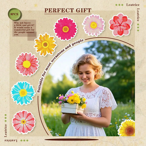 8Pc Flower Diamond Art Coasters Kit For Adults Beginners Women With Holder And Tools Includes 8 Round Diamond Painting Coasters Pen Glue Clay Plastic Trays Extra Gems For Fun DIY Home Decor showcasing floral designs with a person holding flowers.