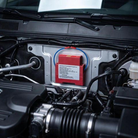 Badass Automatic Fire Extinguisher Stickers For Engine Bay, red aerosol device mounted in an engine bay for fire suppression.