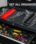 Magnetic Modular Wrench Organizer Set For Tool Drawers with red finish, wrench rack with Metric and SAE labels, fits 6mm to 38mm wrenches.