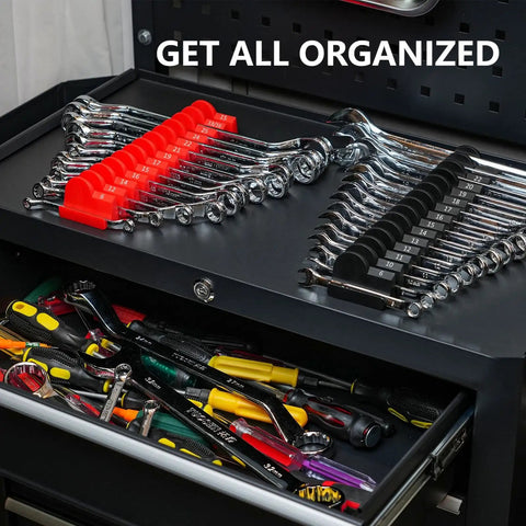 Magnetic Modular Wrench Organizer Set For Tool Drawers with red finish, wrench rack with Metric and SAE labels, fits 6mm to 38mm wrenches.