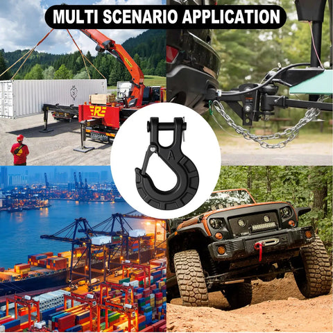 Beefed Up Forged Alloy Steel Clevis Slip Hook With Safety Latch For Heavy Duty Winch And Tow Chains One Quarter Inch 11900 Pound Load Capacity Matte Black Finish Ideal For Truck Trailer Ropes And Cables in use for lifting, towing, and shipping.