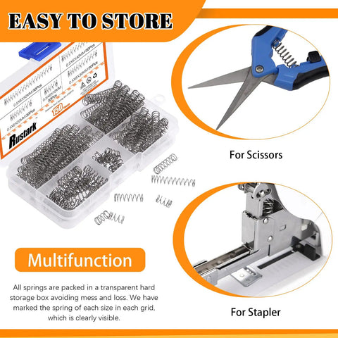 150 Piece Compression Springs Set In 5 Sizes Featuring 0.5mm Wire And 6mm Outer Diameter With 10mm To 50mm Lengths Stainless Steel For Shop Repairs And DIY Projects Pro Grade Mechanical Springs Assortment Kit in plastic storage box, with scissors and stapler usage illustrations.