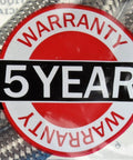 Close-up of 5-year warranty label on 10 Foot Stainless Steel Washing Machine Hoses 2 Pack Burst Proof Universal Fit Flexible Water Supply Lines