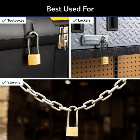 40mm Solid Brass Keyed Padlock Set, 2 Pack in use on toolbox, locker, and storage chain for heavy duty security.