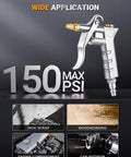 Metal Air Blow Gun With Brass Adjustable Nozzle And Steel Extension, 150 Max PSI for versatile use in debris cleaning and shop jobs.
