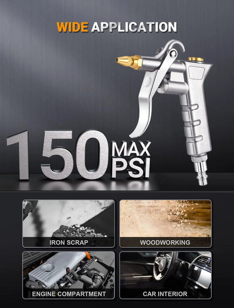 Metal Air Blow Gun With Brass Adjustable Nozzle And Steel Extension, 150 Max PSI for versatile use in debris cleaning and shop jobs.