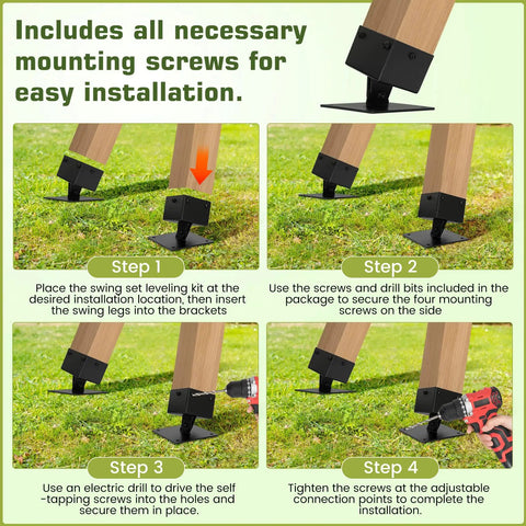 Adjustable Swing Bracket Kit For Wood 4x4 Swing Posts, Leveling Anchor To Boost Stability And Safety, Four Pack With All Install Accessories, Keeps Wooden Legs Off Damp Ground For Longer Life