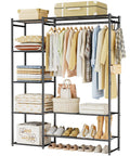 All In One Wardrobe Closet Organizer With Hanging Rod And Four Shelves Free Standing Portable Clothing Rack For Bedroom Or Cloakroom No Fuss Storage System For Shirts Dresses And Accessories with clothes, shoes, and boxes organized neatly.