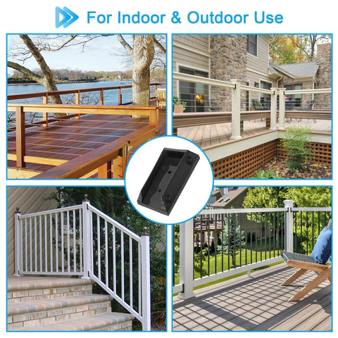 30 Pcs Deck Railing Bracket Connectors For 2x4 Wood Posts With 180 Coated Iron Screws Weatherproof Nylon Brackets For Decks Fences Handrails And Wooden Stair Connections shown in various outdoor installations.