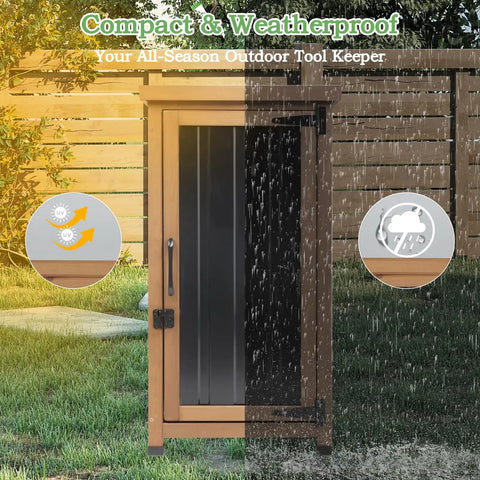 Weatherproof Outdoor Storage Cabinet with Metal Top and Adjustable Shelves Waterproof Potting Bench Table in garden during rain
