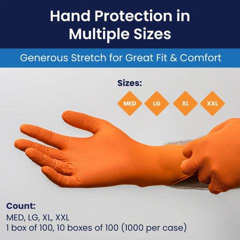 ProWorks Catch Disposable Nitrile Gloves 9 Mil Heavy Duty Work Gloves With Raised Pyramid Grip And Textured Palm For Superior Grip Latex Free Powder Free Pack Of 100 Medium Orange in various sizes MED to XXL