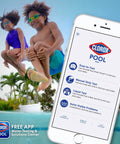Kids jumping into clear pool water with Clorox Pool app on phone, showcasing fun summer swimming.