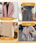 Top Shelf Sewing Hooks And Eyes Replacement Kit For Garments, Durable Metal Clothing Clasps For Coats Trousers And Casual Wear, Sweet Lock Fit Fastening For All Your DIY Craft Projects, Badass Build showcased with cardigan, coat, pants and skirt.
