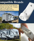 Freezer Door Hinge Plate Replacement Set installed on RV camper trailer refrigerator, compatible with Dometic and Electrolux models.