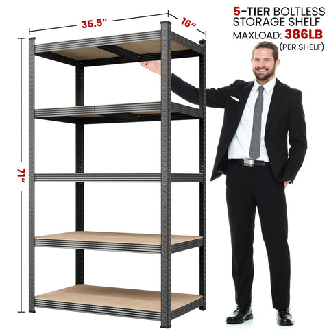 Top Shelf Five Tier Storage Rack Two Pack Hella Sturdy Adjustable Shelving Unit Flexible Utility Shelf For Garage Basement No Fuss Organization Sleek Dark Gray features a tall 5-tier rack with wooden shelves.