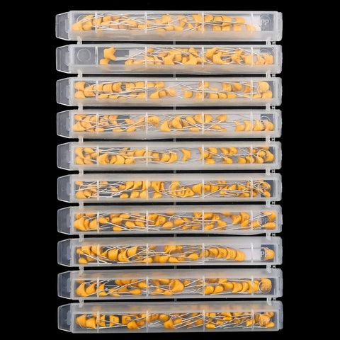 Top Shelf 900 Piece Multilayer Ceramic Capacitor Workhorse Assortment Kit With Snap Lid Drawer, organized in clear boxes.