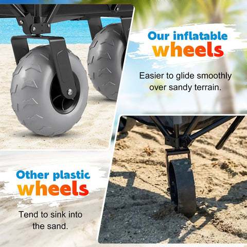 Inflatable Beach Wagon Tires With Quick Change Design, 9 Inch All Terrain Balloon Wheels for smooth sand rolling on Femotic Beach Cart.