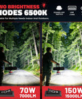 Rugged Two Pack Led Work Lights With Freely Rotating Three Heads And True 360 Degree Coverage Throw Down 15000 Lumens while showcasing two brightness modes in a forested area.