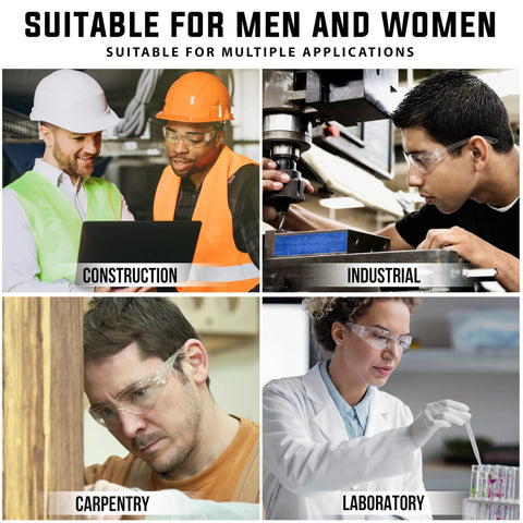 Bulk Six Pack Clear Lens Safety Glasses Ansi Z87 1 Certified Impact Resistant Frames used in construction, industrial, carpentry, and laboratory settings.