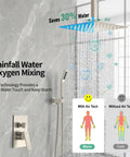 High Quality Ceiling Mount Rain Shower System In Brushed Nickel Featuring A Slick Pressure Balance Valve That Kills Water Hammer Noise For A Truly Top Notch Bathroom Setup with oxygen mixing and air technology.