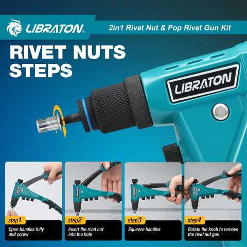 Two In One Rivet Nut And Pop Rivet Gun Kit with instructions for using rivet nuts, showing steps and close-up of gun