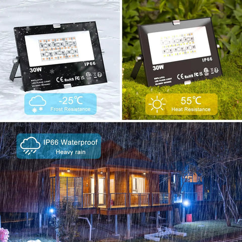 Professional LED Flood Light Outdoor 30W Equals 300W Wattage RGB Color Changing With Bluetooth Mesh 5.0 showcasing IP66 rating and resistance features.