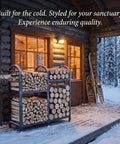 Heavy Duty 31 Inch Firewood Rack With Hooks 2-Tier Log Holder For Indoor Or Outdoor Use by a snowy cabin