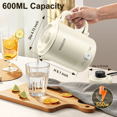 Grab And Go Portable Travel Kettle 600ml with Foldable Handle Electric Kettle pouring into glass, food grade stainless steel