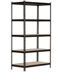 Heavy Duty Five Tier Black Steel Storage Rack featuring hella sturdy boltless shelves with adjustable frames, 36x18x72 inches.