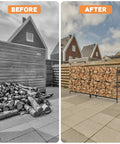 Before and after comparison showing stability of 8Ft Firewood Rack With All Weather Cover For Indoor Outdoor Use, Heavy Duty Square Steel Log Holder.