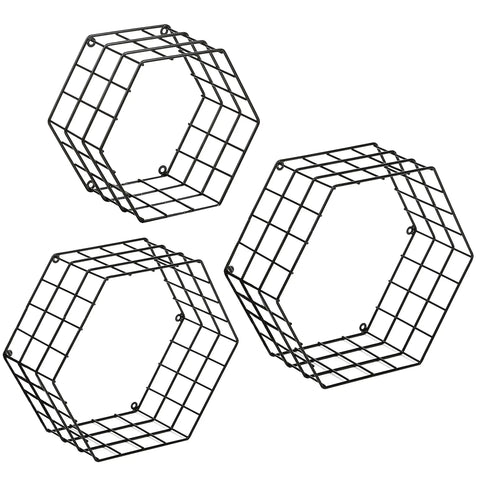 Matte Black Hexagonal Wire Mesh Floating Shelves Set Of 3 Wall Mounted Display Rack For Bedroom Or Office showing three hex shelves.
