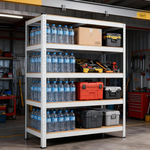 Top Shelf Heavy Duty Storage Shelves, Super Adjustable Boltless Metal Garage Rack With Thick MDF Boards And Badass 1900 Lb Capacity For Workshop Or Office, shelves filled with water bottles and toolboxes.