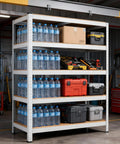 Badass Heavy Duty Garage Shelves 5 Tier Adjustable Storage Rack Heavy Hitting Steel Utility Shelf With Thick MDF Boards Massive 1929 Pound Capacity Rock Solid Build For Workshops And Basements White with water bottles and toolboxes.
