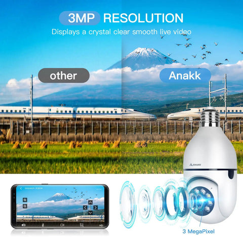 3MP resolution of the 2K 3MP Light Bulb Security Camera With 360 Degree View, wireless WiFi surveillance showing train and mountain.