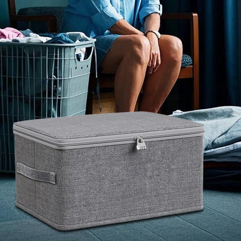 Slick Fabric Storage Bin With Combination Lock Waterproof Foldable Wardrobe Organizer Keeps Your Essentials Safe in gray weave.
