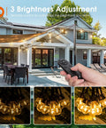 56 Ft Solar String Lights With Remote And USB Charging, 27 Shatterproof G40 Bulbs displayed on patio, hand holding remote